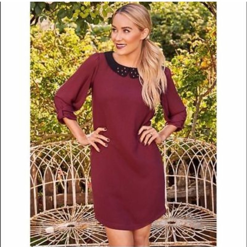 LC Wine Shift Dress 3/4 Sleeve Peter Pan Collar